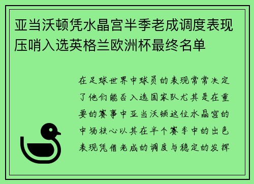 亚当沃顿凭水晶宫半季老成调度表现压哨入选英格兰欧洲杯最终名单